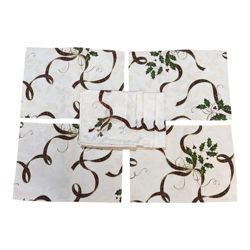 Lenox Embroidered Table Napkins Placemats Set 4 Linen Ribbons Holly Christmas